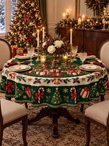 1pc Elegant Green Christmas Rectangular/Round Tablecloth, Large Christmas Tree & Gift Box Pattern, Bell, Candy Cane, Snowflake & Holly Print, Suitable For Christmas Family Gathering, Home Holiday Dining Table Decor - Multicolor - View 1