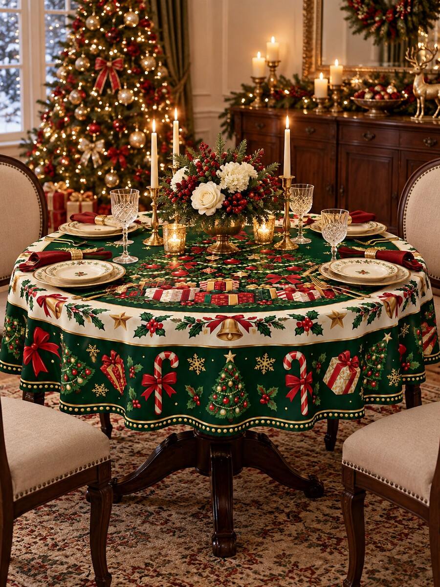 1pc Elegant Green Christmas Rectangular/Round Tablecloth, Large Christmas Tree & Gift Box Pattern, Bell, Candy Cane, Snowflake & Holly Print, Suitable For Christmas Family Gathering, Home Holiday Dining Table Decor - Multicolor - View 1