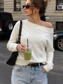 BYGOUBY Autumn/Winter Fashion Women's Cold Shoulder Long Sleeve Knit Sweater, Casual Ribbed Trim Pullover, Soft And Comfortable - White - View 2