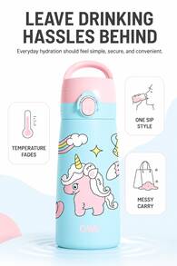 QWE 480ml 316 Stainless Steel Insulated Straw Cup With Silicone Straw, Cartoon Design, Portable Water Bottle For Kindergarten And Primary School Students - Cadet Blue - View 7
