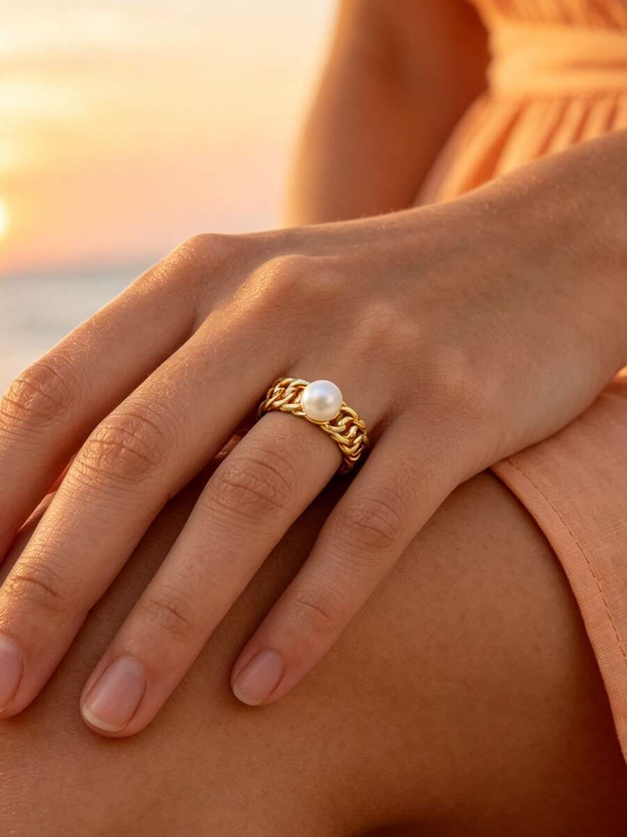 1pc Luxury Elegant 18K Gold Plated Stainless Steel Cuban Chain Pearl Adjustable Ring, Suitable For Daily, Commute And Date Occasions - R0235-02 - View 1