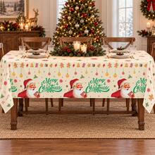 Santa Claus Print Rectangular Tablecloth, Vintage Beige Merry Christmas Snowflake Hanging Decor Pattern Dining Table Cover, Suitable For Christmas Dinner, Family Gathering, Holiday Party, Kitchen And Dining Room Decoration - View 1