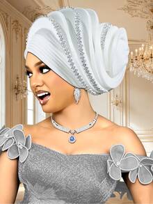 1pc Women Pre-Made Auto Gele Turban Hat, Nigerian Pleated Headtie With Rhinestone Trim, African Flower Bud Head Wrap For Wedding Party Ceremony - A - View 18