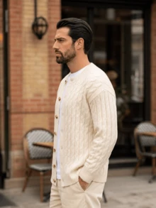 Men's Solid Color Cable Knit Textured Old Money Style Vintage Cardigan, Long Sleeve Slim Fit Outerwear, Apricot Short Knit Sweater Jacket, Autumn/Winter - Apricot - View 4
