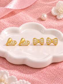 2pairs Gold Tone Rhinestone Heart & Bow Stud Earrings Cute Kids Girls Jewelry For Daily School Party Birthday Outfit Gift - Gold - View 2