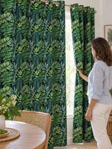 NOSBEI 2件裝熱帶葉片印花仿亞麻透光穿孔窗簾，柔光窗簾，植物風居家裝飾，適用客廳臥室，52"W X 84"L - 彩色 - 查看 5