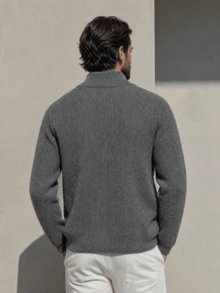 Men's Casual Versatile Minimalist Fashionable Stand Collar Ribbed Zip-Up Long Sleeve Cardigan Sweater Jacket Turn Collar Knit Top Autumn/Winter - Grey - View 4