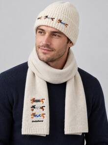 Men's Warm Rib-Knit Beanie Hat & Scarf Set With Dachshund Embroidery, Soft Winter Matching Accessories - Hat and Scarf Set - View 2