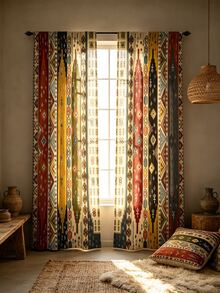 2pcs 2D Vibrant Geometric Pattern Decorative Traditional Print Outdoor Curtains, Designed For Patio, UV-Resistant, Suitable For Porch, Veranda And Awning, Also Can Be Used As Semi-Shade Decoration - Multicolor - View 3