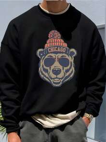 Plus Size Men's Crew Neck Bear Head Print Loose Comfortable Sweatshirt, Chicago Element Design, Autumn/Winter Casual Pullover Sweatshirt - Black - View 1