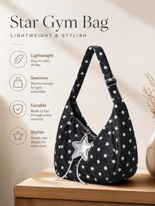 Black Background White Star Print One Shoulder Gym Bag, Lightweight And Easy To Carry For Daily Use, Can Store Toiletries, Sports Apparel And Other Fitness Gear, Paired With Star Pendant For An Exquisite And Eye-Catching Look, Versatile Style Suitable For Gym Workouts, Yoga Practice, Short Trips And Daily Shopping - Multicolor - View 2