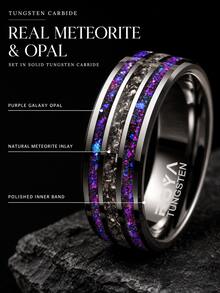 1pc 8mm Men's Tungsten Galaxy Ring Inlaid Meteorite Sandstone And Opal Black Nebula Ring Engagement Or Anniversary Gift For Husbands Promise Rings - Galaxy - View 5