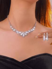 1 Set Luxury Cubic Zirconia V-Neck Teardrop Pendant Jewelry Set, Suitable For Women's Wedding Banquet - Silver - View 4