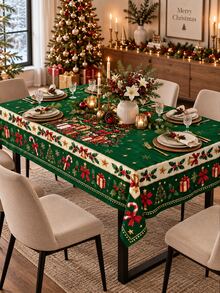 1pc Elegant Green Christmas Rectangular/Round Tablecloth, Large Christmas Tree & Gift Box Pattern, Bell, Candy Cane, Snowflake & Holly Print, Suitable For Christmas Family Gathering, Home Holiday Dining Table Decor - Multicolor - View 2