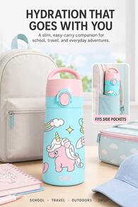 QWE 480ml 316 Stainless Steel Insulated Straw Cup With Silicone Straw, Cartoon Design, Portable Water Bottle For Kindergarten And Primary School Students - Cadet Blue - View 9