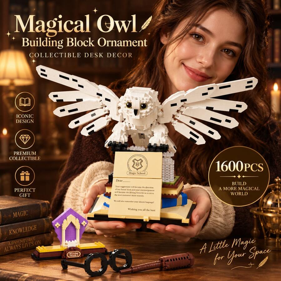 1600pcs Magic Owl Building Blocks Model With Display Accessories, Adult Collectible Fantasy Bird Assembly Set, Desktop And Bookshelf Decor, Detailed Assembly Ornament - Owl - View 1