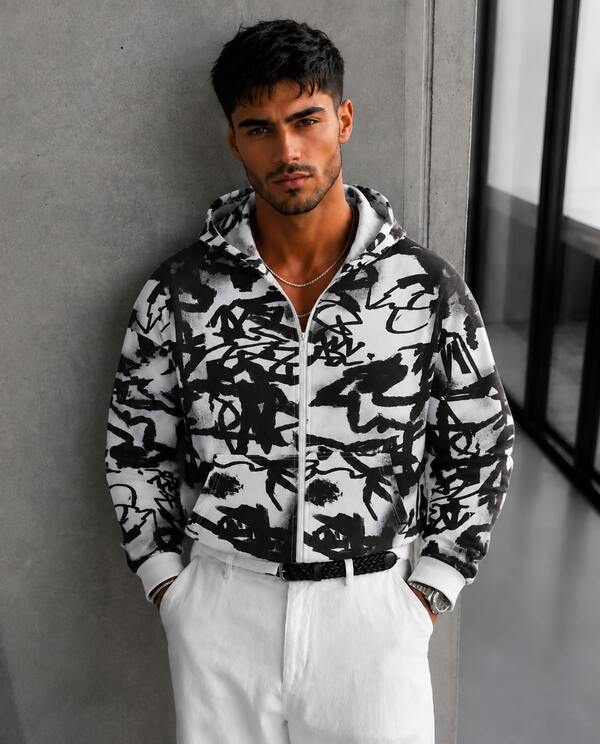 Men Black And White Graffiti All Over Print Zip Up Hoodie, Streetwear Loose Drop Shoulder Long Sleeve Jacket
