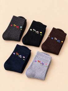 5 pares de calcetines de media caña para mujer, con patrón floral bordado, estilo artístico vintage, unicolor acanalado, estilo Mori dulce, versátil casual, calcetines para uso diario en otoño/invierno, múltiples colores disponibles - Multicolor - Ver 3