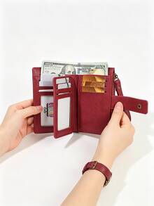 Women's RFID Blocking Small Wallet, Wine Red PU Leather Card Holder Purse With Snap Button, Zipper Coin Pocket & Wristlet - Red - View 4