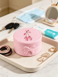Cherry Pattern Round Portable Jewelry Box, Travel Organizer For Rings Earrings Necklaces,Circular Jewelry Box, Plastic Imitation Pattern Jewelry Storage Box, Single-Layer Bow, Solid Color Earrings, Student Jewelry Box - Multicolor - View 13