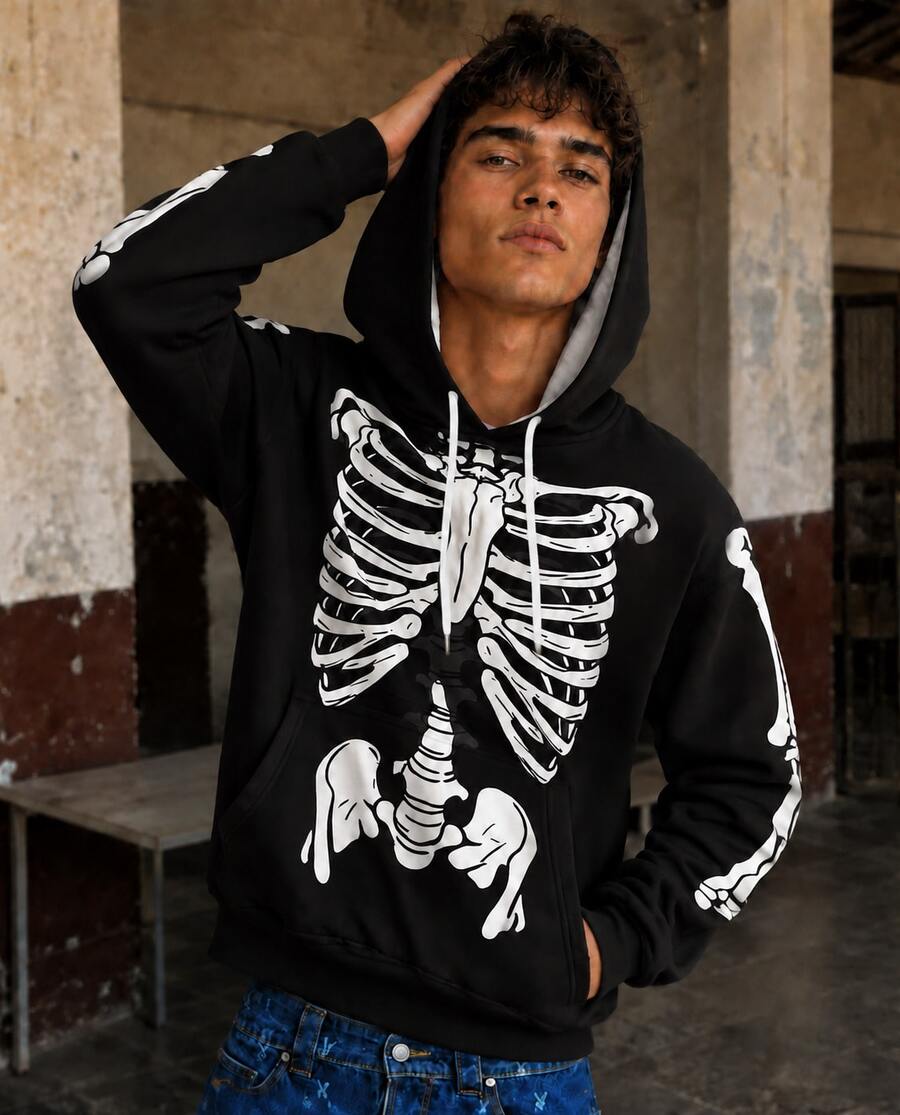 FRACTYR Men's Skull Ribcage Spine Human Skeleton Graphic Sweatshirt, Dark Gothic Style Loose Casual Pullover Sweatshirt - Black - View 1