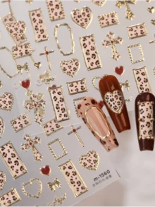 1 3D Leopard Print Cross Heart-Shaped Nail Art Luxury Sticker, Gold Border Retro Y2K Nail Art Decoration Sticker, Nail Charm Decoration Sticker - Multicolor - View 8
