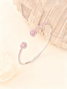 Silver Heart-Shaped Bracelet Set With Cubic Zirconia, Open Cuff Bracelet, Fashionable For Women's Daily Wear, Holiday Gift - Silver - View 4