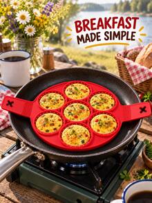 7-Cavity Red Silicone Pancake Mold, Nonstick Round Egg Ring With Side Handles, Heat-Resistant Breakfast Cooking Mold For Pancakes, Fried Eggs, Crepes And Home Kitchen Brunch - Multicolor - View 2