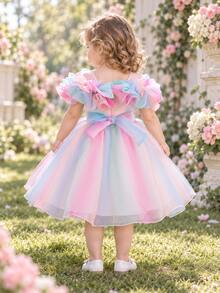 Baby Girl Colorful Tulle Off Shoulder Floral Patchwork Cute Princess Dress, Suitable For 1st Birthday, Wedding, Graduation Ceremony - Pink - View 2