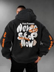 FRACTYR Men's Fun Hand-Drawn Graffiti Text Print Hoodie, American Streetwear Casual Pullover Top, Y2K Hip-Hop Style - Black - View 2