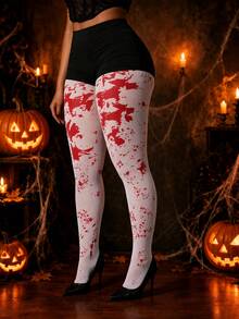 Celana Ketat Cosplay Wanita Motif Percikan Darah Merah Putih untuk Halloween - MultiWarna - View 5