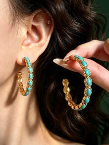 1 Pair Geometric Oval Faux Turquoise Hoop Earrings For Women - Multicolor - View 3