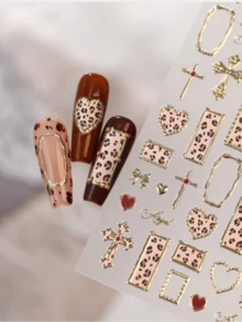 1 3D Leopard Print Cross Heart-Shaped Nail Art Luxury Sticker, Gold Border Retro Y2K Nail Art Decoration Sticker, Nail Charm Decoration Sticker - Multicolor - View 9