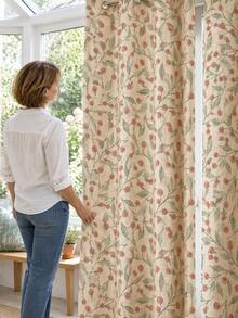 2PCS Sage Green Leaf & Rust Floral Print Faux Linen Sheer Grommet Curtains, Light Filtering Window Panels, Fresh Home Decor For Bedroom Living Room, 52"W X 84"L - Multicolor 3 - View 4