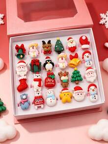 10Pcs Kids Christmas Themed Adjustable Rings, Cute Resin Santa Snowman Elk Design Finger Rings, Xmas Daily Wear For Girls (Without Box, Random Style) - Multicolor - View 1
