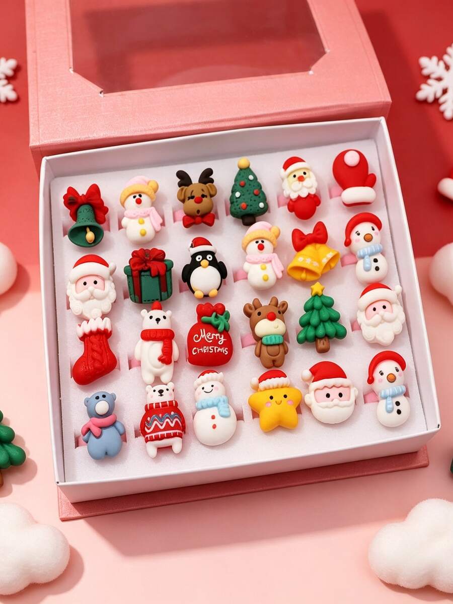 10Pcs Kids Christmas Themed Adjustable Rings, Cute Resin Santa Snowman Elk Design Finger Rings, Xmas Daily Wear For Girls (Without Box, Random Style) - Multicolor - View 1