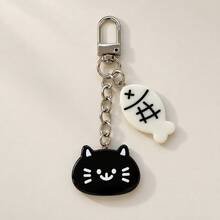 1pc/2pcs Unisex Black & White Cartoon Cat Eating Fish Pendant, Black & White Small Fish Accessory Keychain, Cute Couple Bag Charm, Luggage Accessory - Black and White - View 3