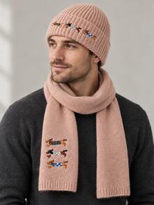 Men's Warm Rib-Knit Beanie Hat & Scarf Set With Dachshund Embroidery, Soft Winter Matching Accessories - Hat and Scarf Set - View 3
