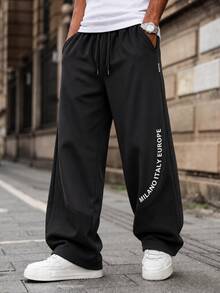 Men's Letter Print Mesh Patchwork Straight Leg Pants, Drawstring Waist Casual Sports Long Pants With Pockets - Black - View 2