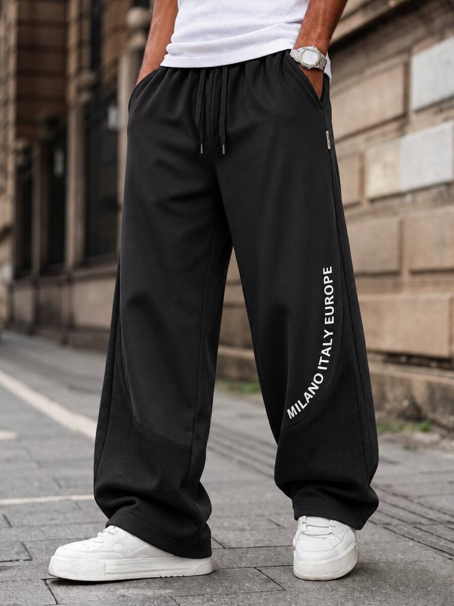 Men's Letter Print Mesh Patchwork Straight Leg Pants, Drawstring Waist Casual Sports Long Pants With Pockets - Black - View 1