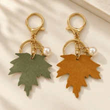 1pc/2pcs Women's Creative Leaf Shaped Pendant With Faux Pearl Inlay, Pearl Charm Keychain, Autumn/Winter Bag Charm, Luggage Accessory - Multicolor - View 2
