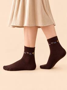 5 pares de calcetines de media caña para mujer, con patrón floral bordado, estilo artístico vintage, unicolor acanalado, estilo Mori dulce, versátil casual, calcetines para uso diario en otoño/invierno, múltiples colores disponibles - Multicolor - Ver 5