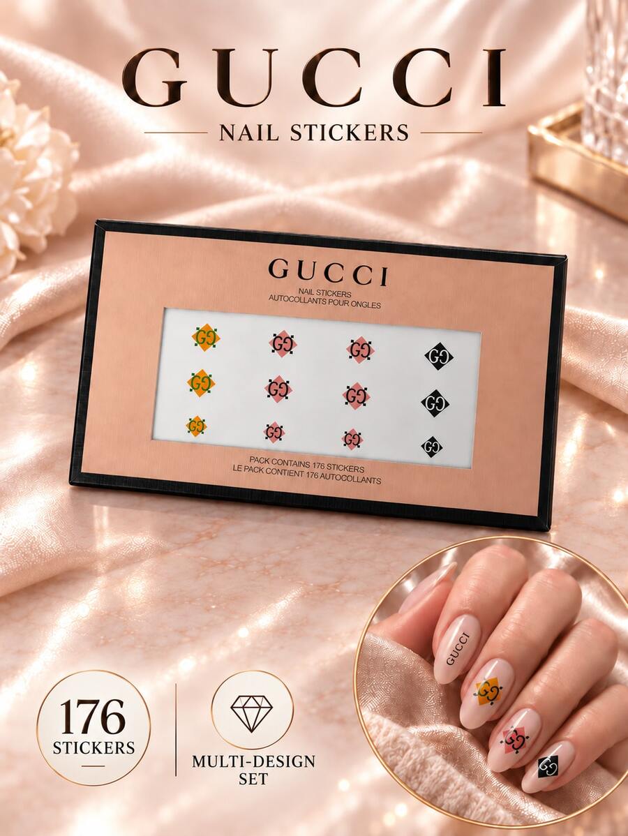 Gucci Nail Stickers, 176 Stickers In 4 Sheets, Size 13*7.7cm, Strong Adhesion, Perfect For DIY Nail Art