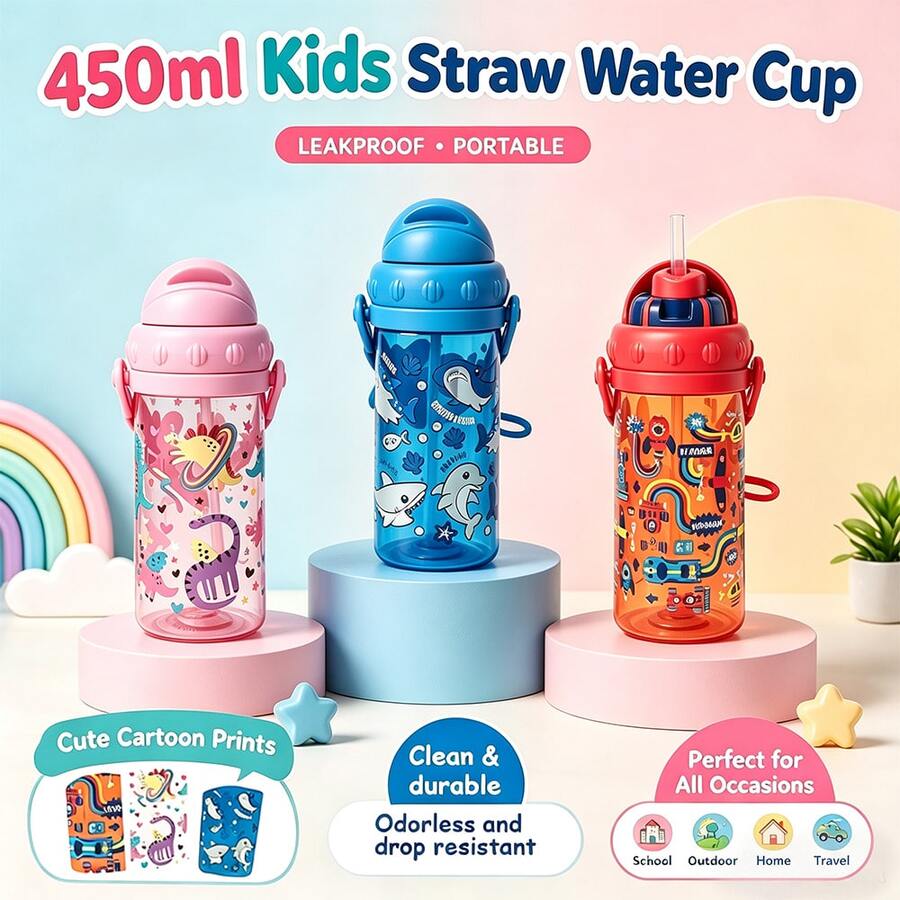 Cute Cartoon Kids Straw Cup 450ml Portable Leakproof Water Bottle For Boys Girls School Outdoor Home