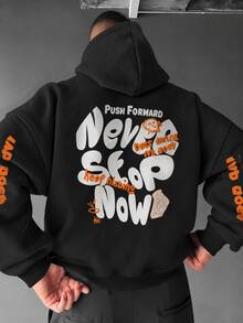 FRACTYR Men's Fun Hand-Drawn Graffiti Text Print Hoodie, American Streetwear Casual Pullover Top, Y2K Hip-Hop Style - Black - View 1