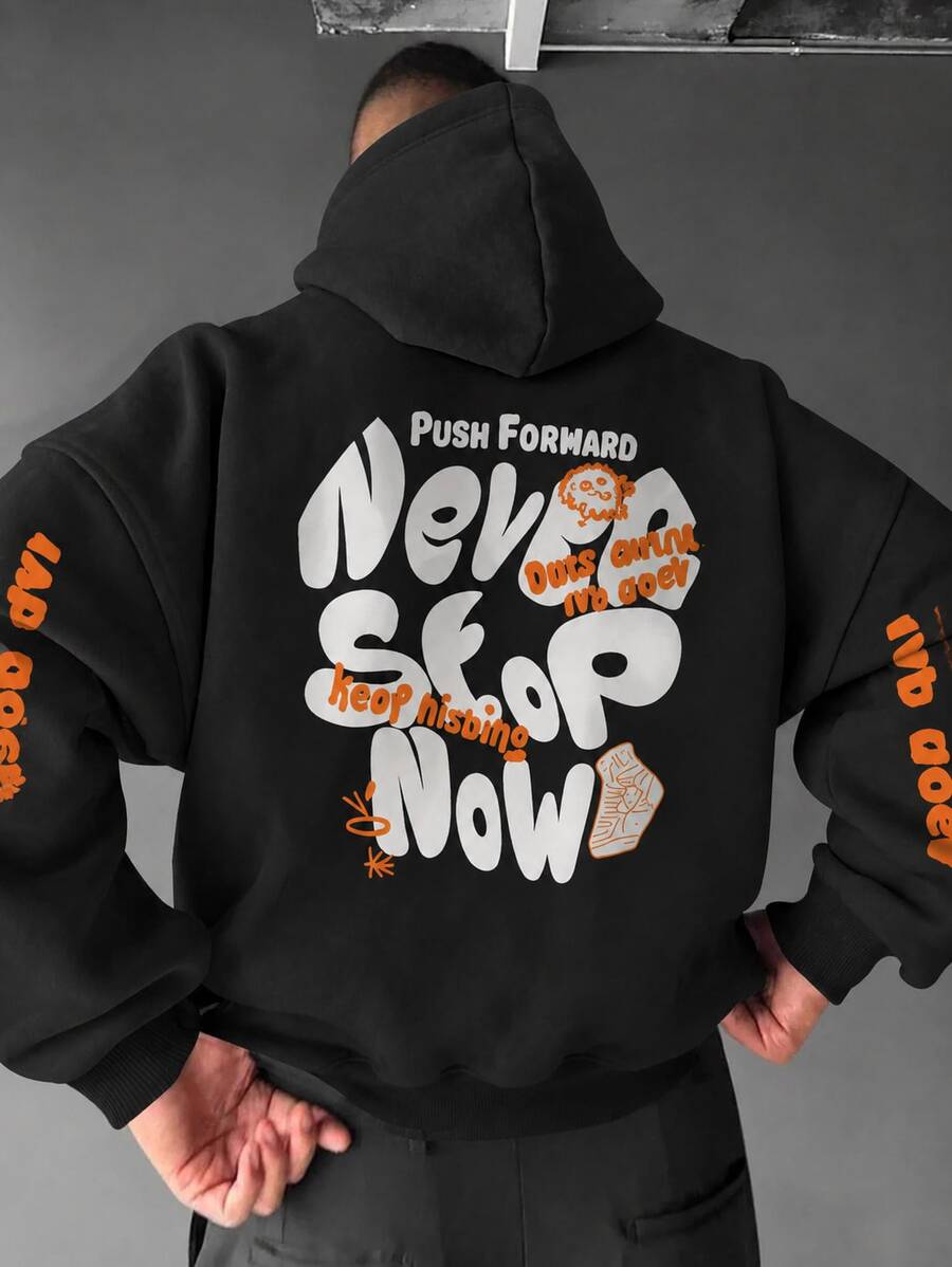 FRACTYR Men's Fun Hand-Drawn Graffiti Text Print Hoodie, American Streetwear Casual Pullover Top, Y2K Hip-Hop Style - Black - View 1