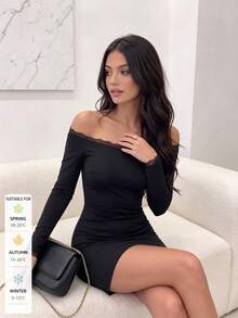 SUNSTORY Women's Autumn Black Off-Shoulder Lace Trim Long Sleeve Fitted Bodycon Mini Dress, Elegant Style, Suitable For Party, Club, Disco, Birthday Outfits - Black - View 4