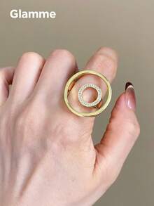 1pc Modern Metal Concentric Circle Ring, Women's Fashion Versatile Commute Geometric Hollow Open Index Finger Ring, Light Luxury - Gold - View 1