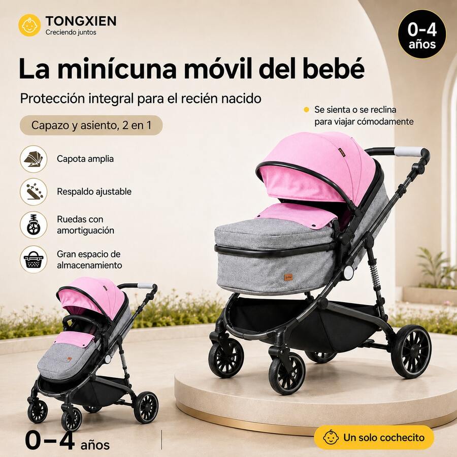 Carrito de bebé, plegado rápido en 3 segundos, cambio de dirección, modo sentado y modo recostado 2‑en‑1 - Rosa - Ver 1