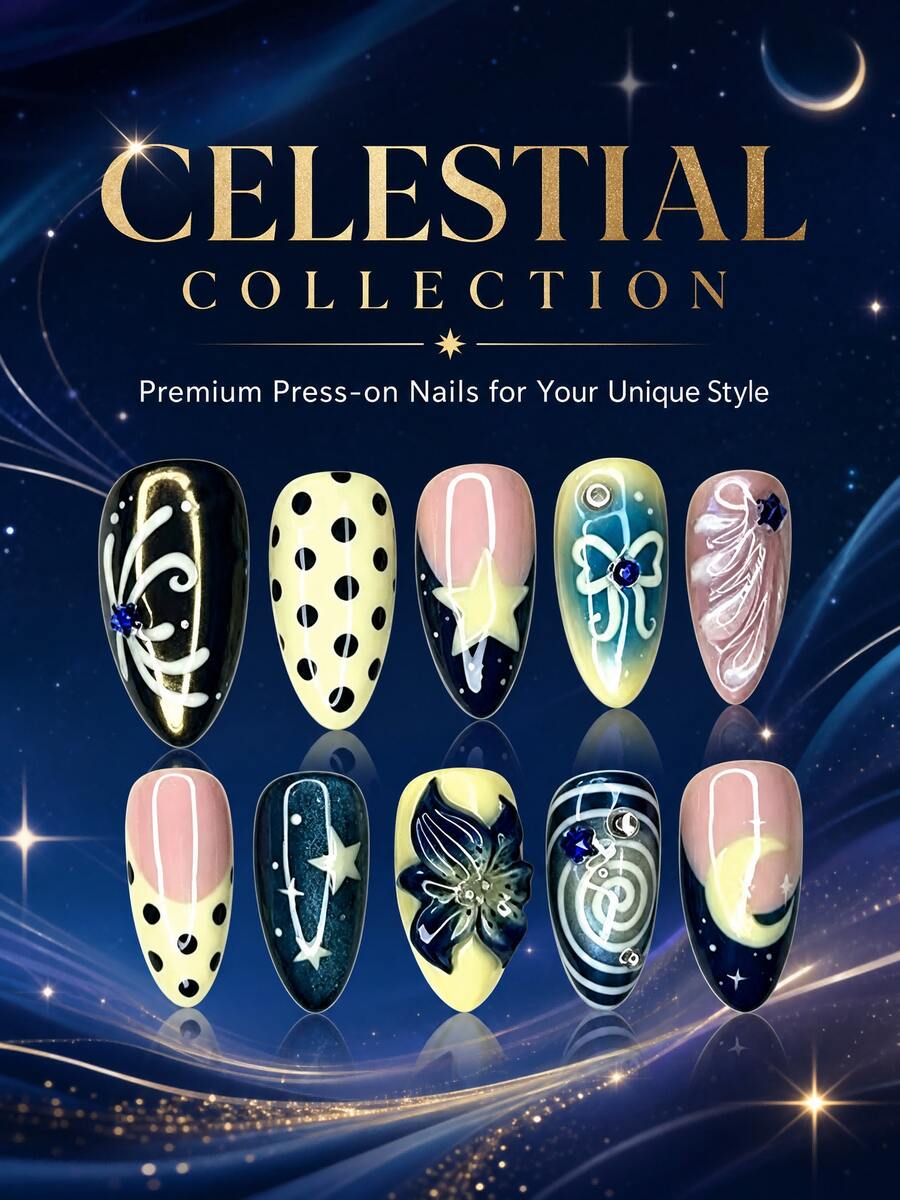 NAIO 10片長款可穿戴假指甲 冬季星空主題 星月圖案 波點 3D花朵 蝴蝶結 螺旋紋理 藍色水鑽裝飾 漸層亮面全覆蓋假指甲 適合節日派對與夜晚外出 - 彩色 - 查看 1